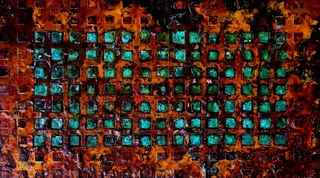 BLUE SQUARES ON IRON -
 60x90cm,
 Iron + Copper on Glass