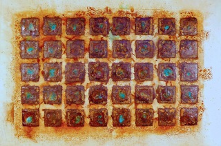 BLUE FIELDS ON SQUARES -
 60x90cm,
 Iron + Copper on Canvas