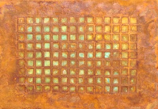 GREEN SQUARES -
 60x90cm,
 Iron + Copper on Canvas