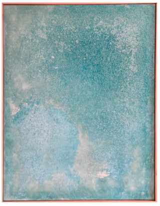  „Crystal Blue“ Ammoniumchlorid, Gletscherwasser, Gummi Arabicum, Kupfersulfat, Champagnerkreide, Lithopone Silbersiegel und Bergkristall auf Leinwand, 70 x 90 cm, 2023