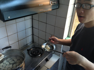 having lunch at Carson's grandmas home! I cook German – Carson prepares dumplings...