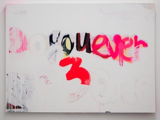 Do You Ever 3ome? (Bootycall, J), 2014, acrylic, spray, glitter, fabric on wood, 80 x 100 x 3 cm
