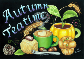 "Autumn Teatime" (Oilpastels, MDF board, 2015) 11 3/4" x 1' 4 1/2"