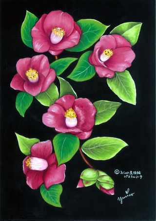 "Camellia japonica" (Oilpastels, MDF board, 2015)  1' 4 1/2" x 11 3/4" 
