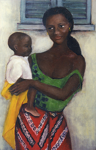 松野真理《母子（部分）》1996年　油彩　　100 × 50 cm