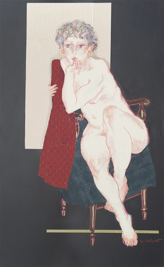 《肘をつく裸婦》コラージュ、オイルパステル　145.5 × 89.4 cm　松野真理個展 in 神戸・ギャラリー北野坂（2012年）