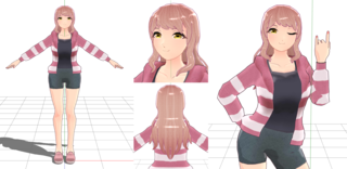 2018年/metasequoia（モデリング）、PMXエディタ（リギング・スキニング）

女性のキャラクターデザインを作り、それを基に一から3Dモデルを作成しました。