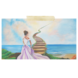 Another picture of an ever rising staircase going up into a blue cloudy sky. A young woman stands at the bottom, making a choice as to whether or not she will see where the staircase leads.